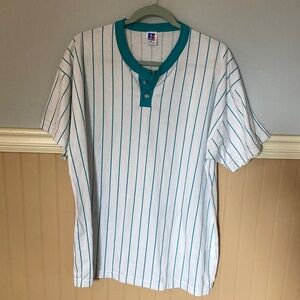 Russell Athletic Vintage Men's White Teal Pinstripe Henley Baseball T-shirt XL